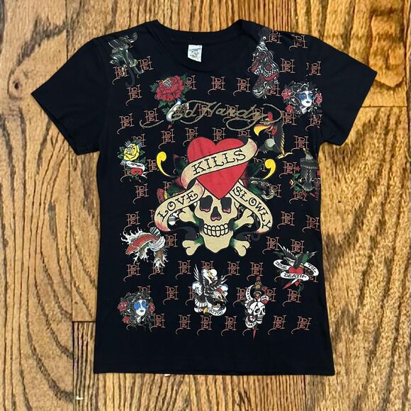 Y2K Ed Hardy Love Kills Slow AOP T Shirt - Picture 1 of 5